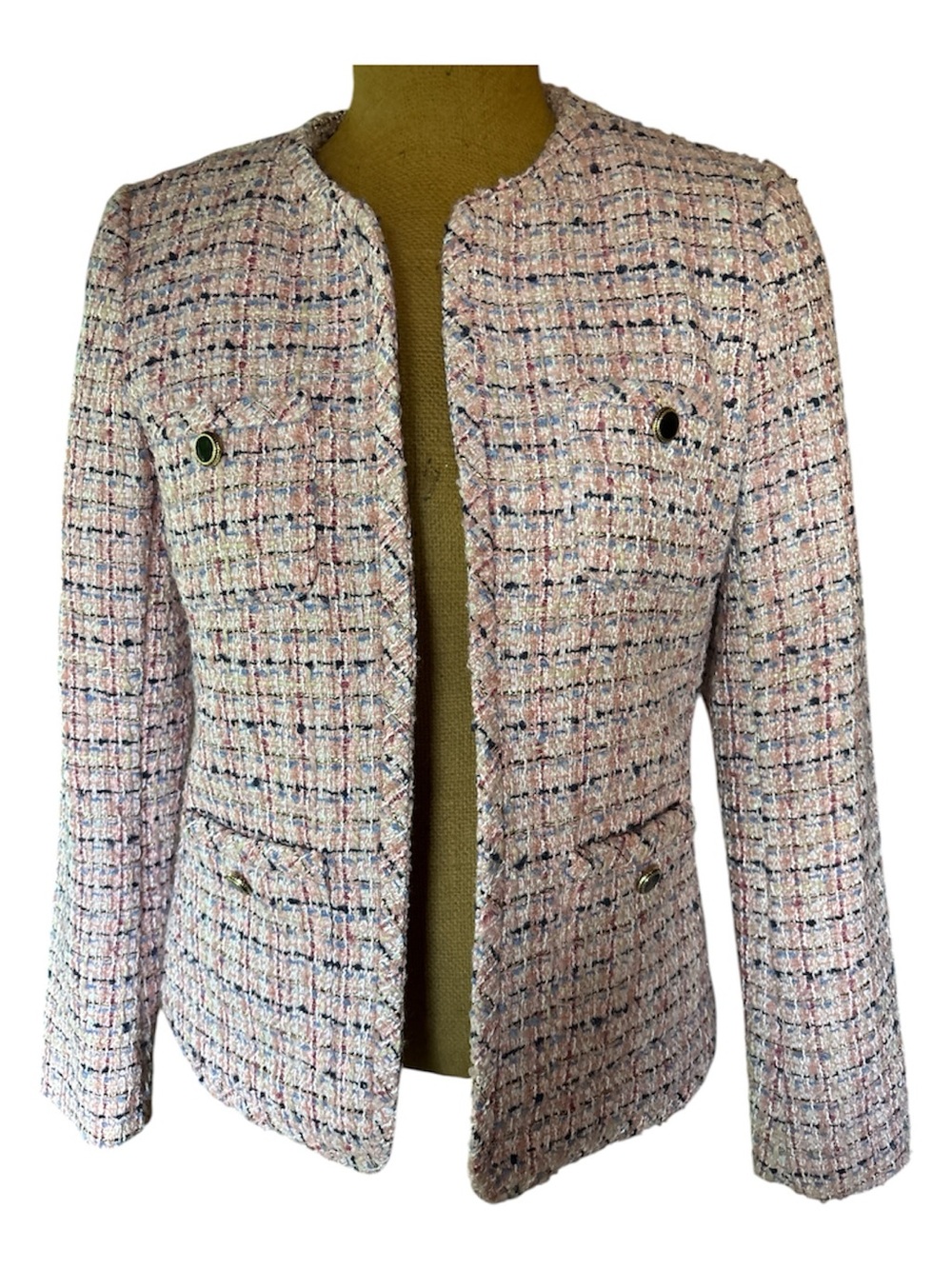 Anne Klein Pink Multicolor Tweed Open-Front Jacket
